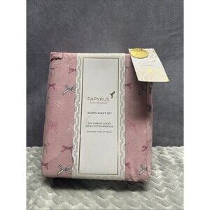 PAPYRUS Vog Love In Vogue Bows Queen Sheet Set 100% Cotton 200 Thread Percale